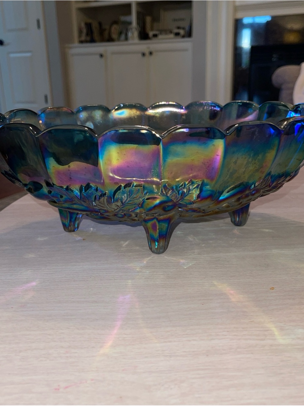 Vtg Indiana Carnival Glass Footed Oval Fruit Bowl Harvest Grape Blue Iridescent